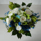 Hellblaue Blumen, weiß blau konservierter Blumenstrauß, konservierte blaue Echinops, weiß erhaltene Hortensie, erhaltene Gardenie, Küstenheimdekoration